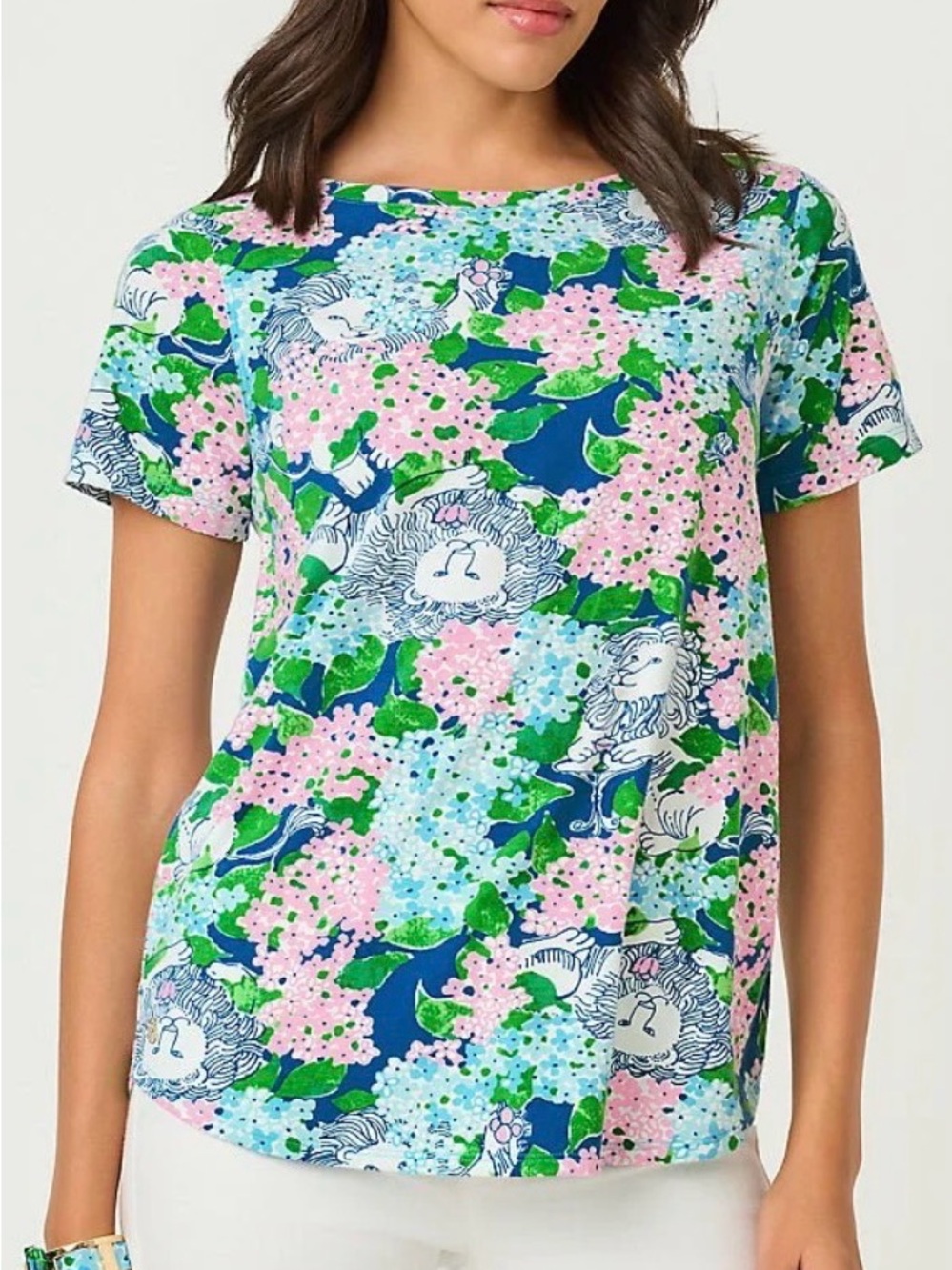 Lilly Pulitzer Floral & Lion Short Sleeve Tee - Pink, Blue & Green / S